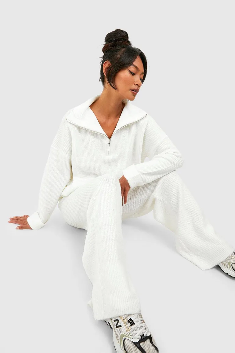 Half Zip Funnel Neck And Wide Leg Trouser Knitted Set - white