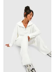 Half Zip Funnel Neck And Wide Leg Trouser Knitted Set - white