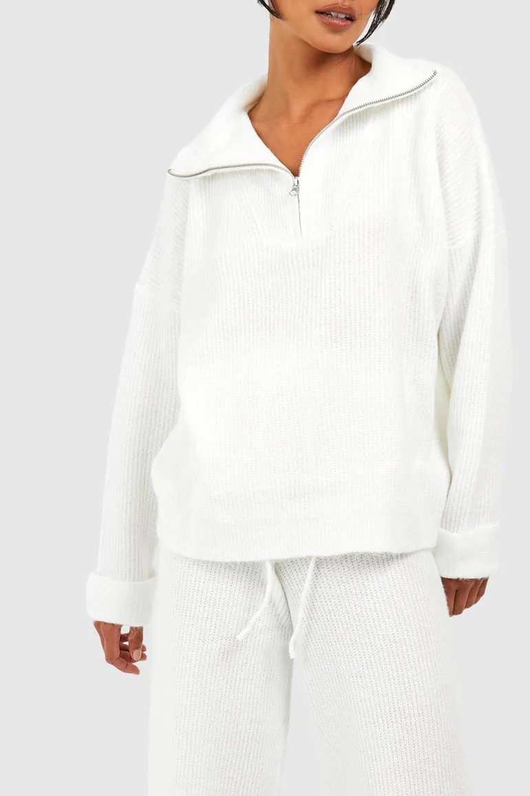 Half Zip Funnel Neck And Wide Leg Trouser Knitted Set - white - 3