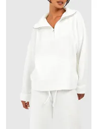 Half Zip Funnel Neck And Wide Leg Trouser Knitted Set - white - 3
