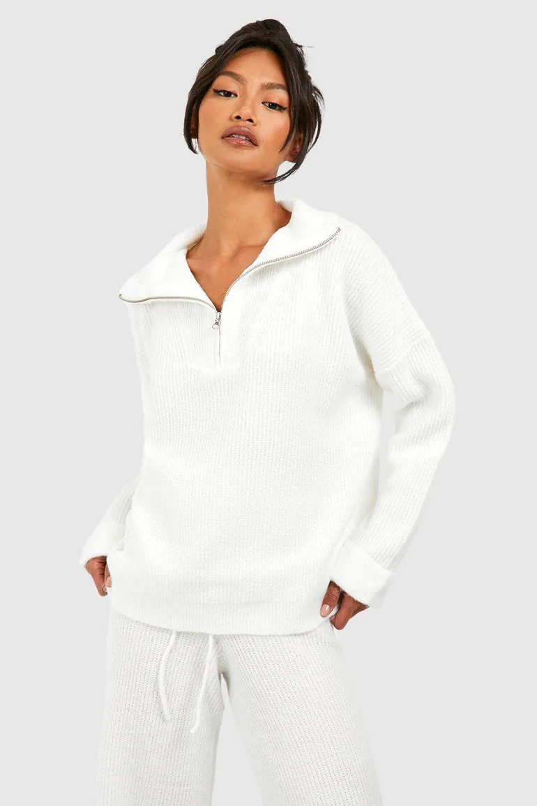 Half Zip Funnel Neck And Wide Leg Trouser Knitted Set - white - 2