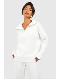 Half Zip Funnel Neck And Wide Leg Trouser Knitted Set - white - 2