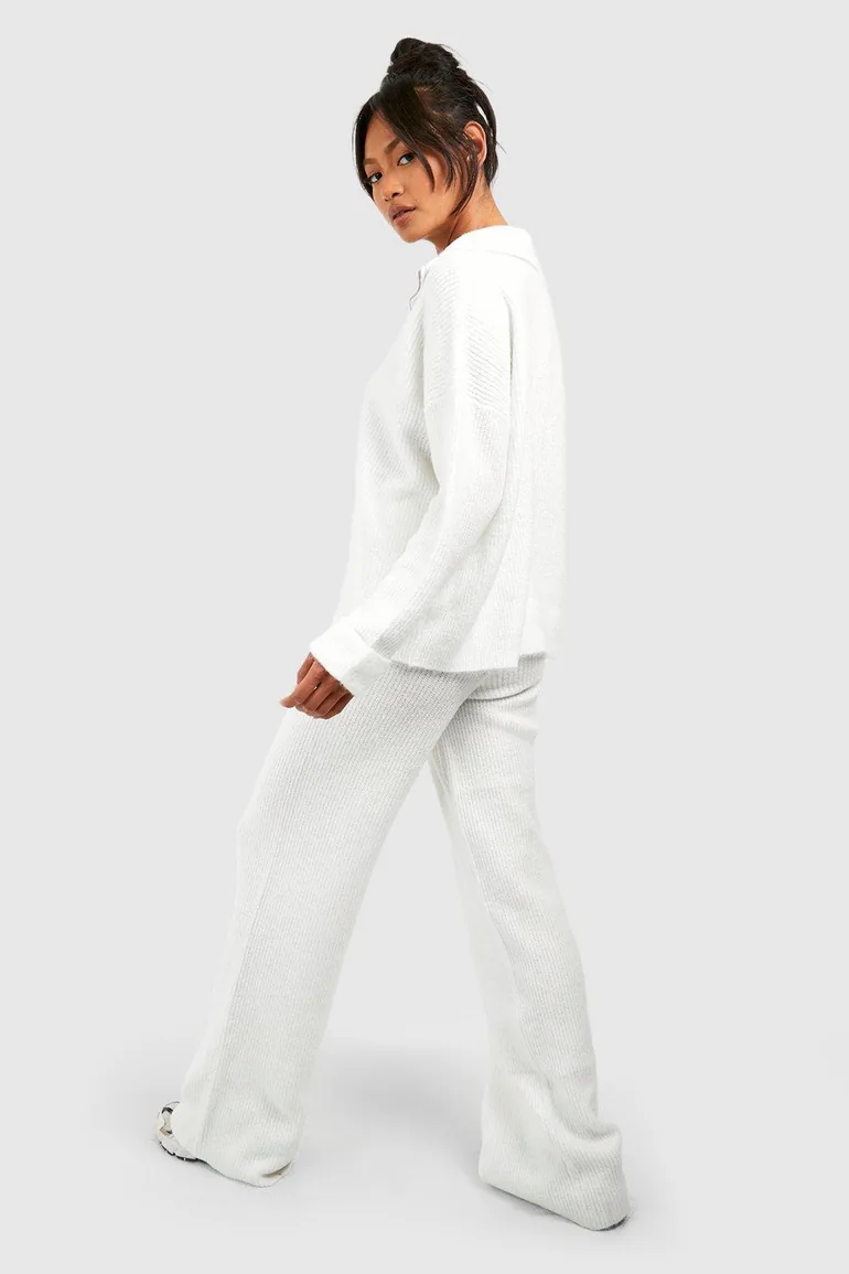 Half Zip Funnel Neck And Wide Leg Trouser Knitted Set - white - 1