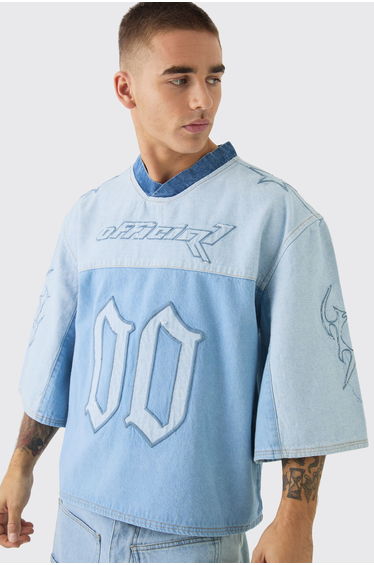 Oversized Embroidery Football Denim T-Shirt - light blue