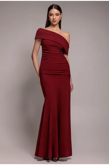 Pleated One Shoulder Bardot Fit And Flare Maxi Dress - Burgundy by Goddiva