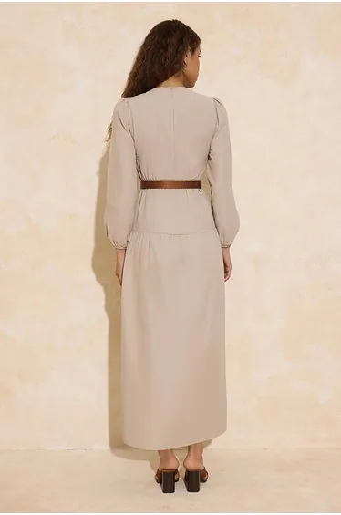 Stone Brown Suede Belted Woven Dress