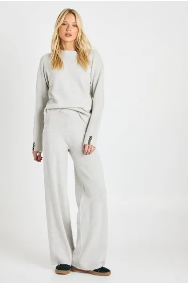Super Soft Button Cuff Detail Oversized Jumper and Wide Leg Trouser Co-Ord - grey