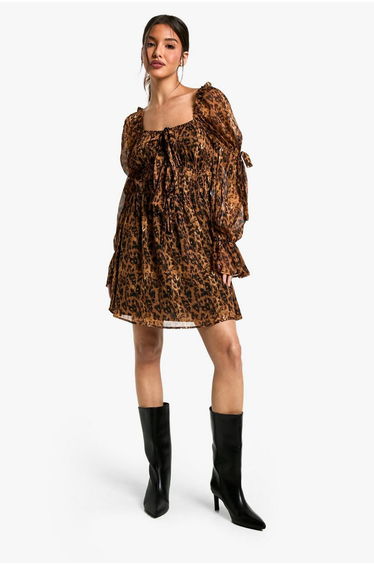 Leopard Chiffon Milkmaid Mini Dress - multi