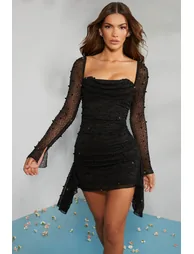 Long Sleeve Embellished Cowl Neck Mini Dress in Black - 9