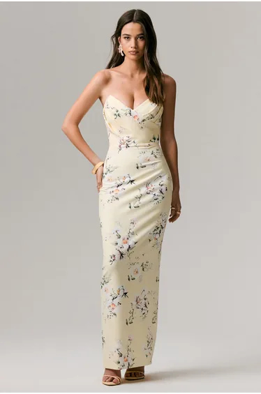 فستان ماكسي مزموم بطبعة ليمون