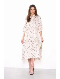 Cream Dainty Floral Long Sleeve Puff Button Up Midi Dress - 2
