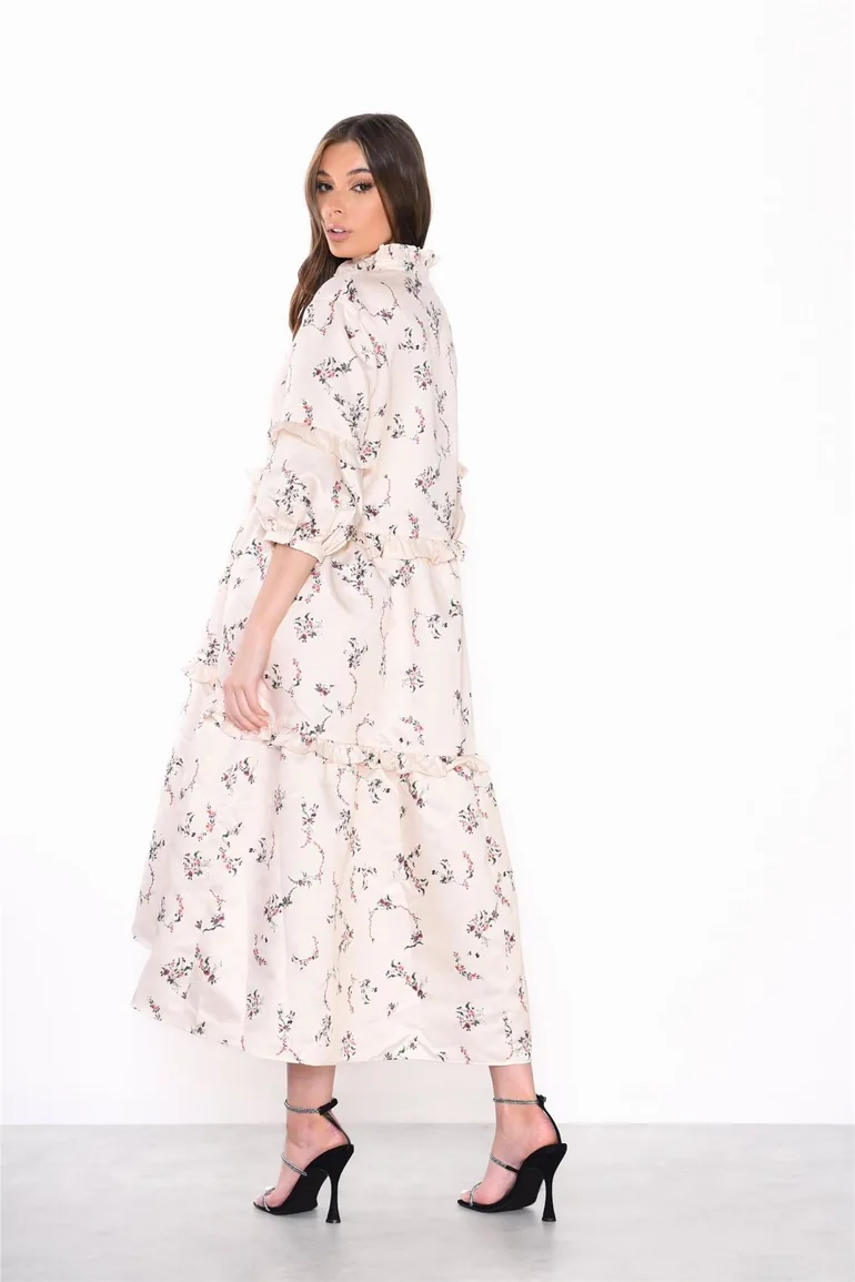 Cream Dainty Floral Long Sleeve Puff Button Up Midi Dress - 1