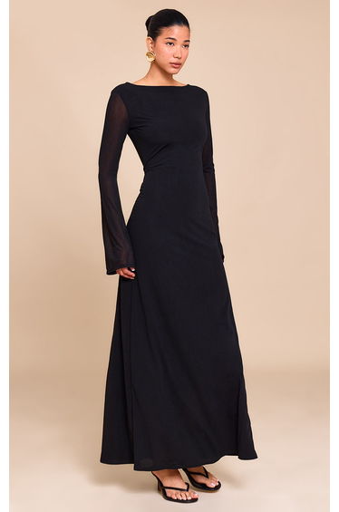 Black Chiffon Boat Neck Long Sleeve Maxi Dress