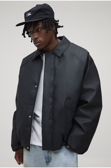 Tall Boxy Soft PU Collared Padded Harrington Jacket - black