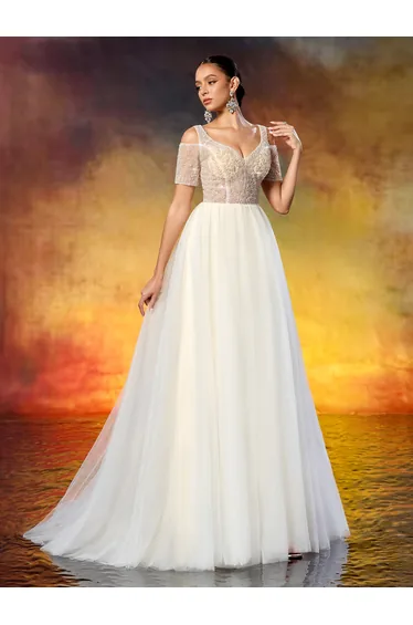 Leely Elegant Sweetheart Neckline Off-Shoulder Short-Sleeve Beaded Tulle Wedding Dress