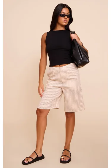 Beige Pinstripe Lightweight Longline Shorts