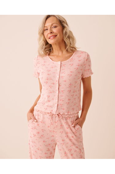 Floral Print Ruffle Hem Pointelle T-shirt