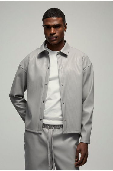 Oversized Embossed PU Overshirt - light grey