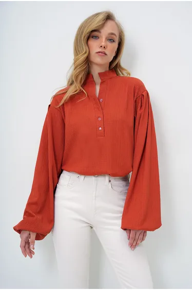 Women's Tile Judge Collar Front Buttoned Balloon Sleeve Textured Shirt Blouse