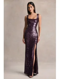 High Life | Burgundy Sequin Square-Neck Maxi Dress With Front-High Split - 3