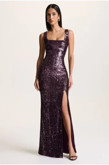High Life | Burgundy Sequin Square-Neck Maxi Dress With Front-High Split