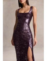 High Life | Burgundy Sequin Square-Neck Maxi Dress With Front-High Split - 2