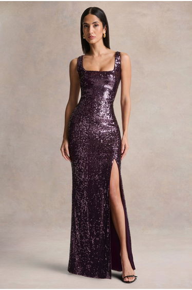 High Life | Burgundy Sequin Square-Neck Maxi Dress With Front-High Split
