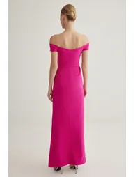 Fuchsia Carmen Collar Bowknot Woven Maxi Evening & Graduation Dress - 8