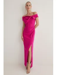 Fuchsia Carmen Collar Bowknot Woven Maxi Evening & Graduation Dress - 1