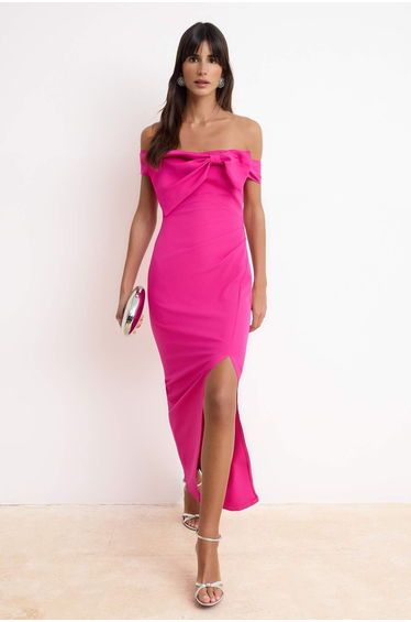 Fuchsia Carmen Collar Bowknot Woven Maxi Evening & Graduation Dress