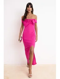 Fuchsia Carmen Collar Bowknot Woven Maxi Evening & Graduation Dress