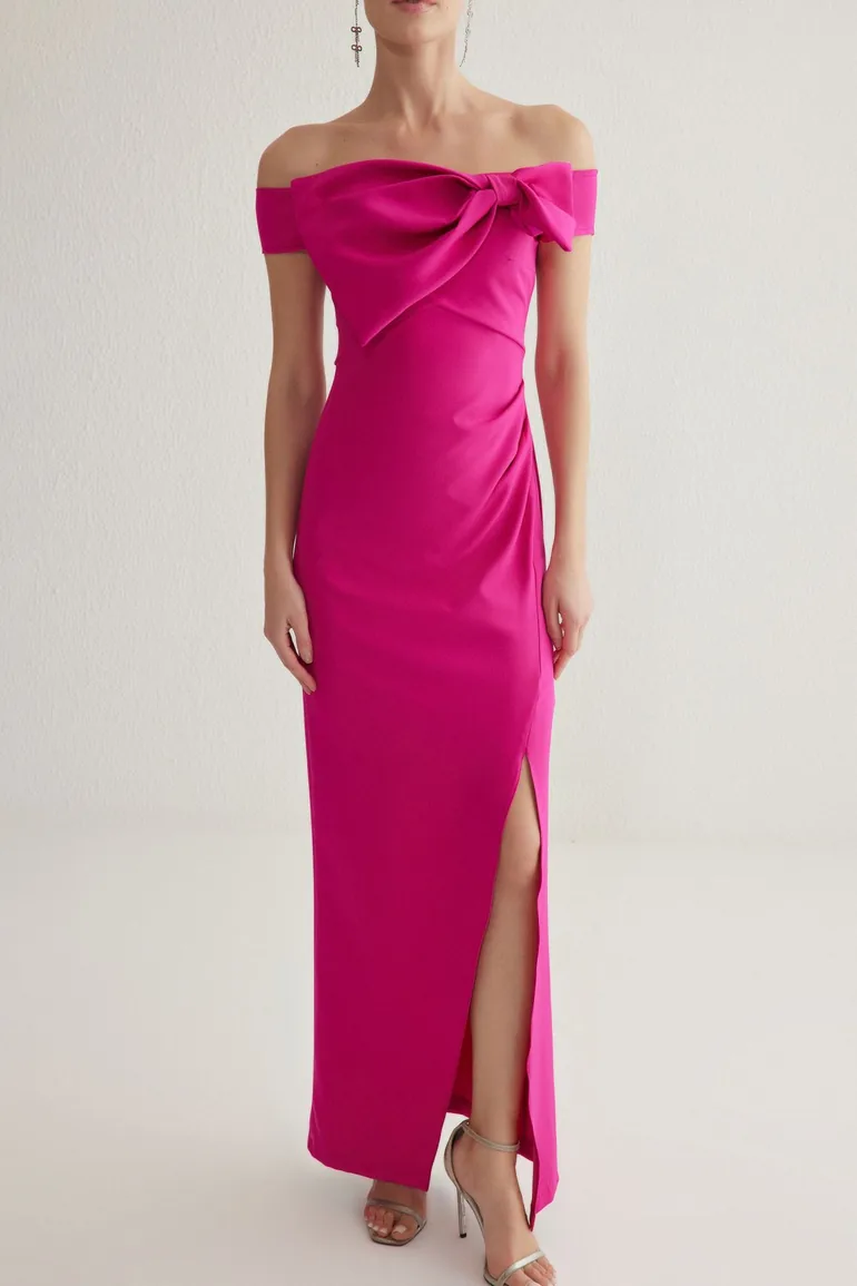 Fuchsia Carmen Collar Bowknot Woven Maxi Evening & Graduation Dress