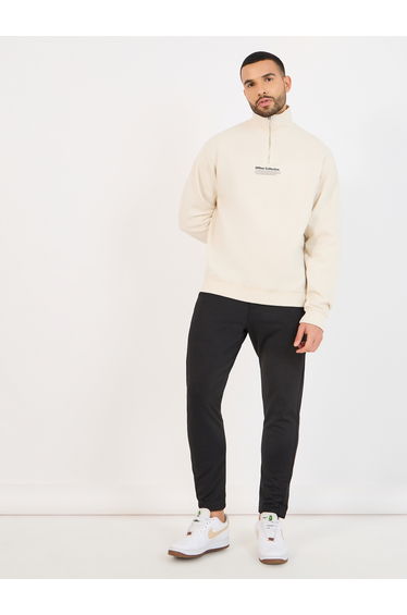 Quarter Zip Minimal Print High Neck Rib Relaxed Sweatshirt