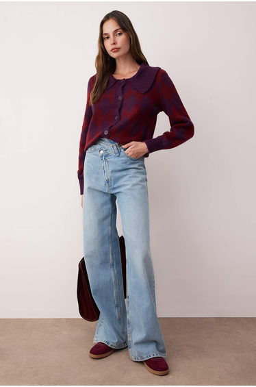Burgundy Collar Detailed Diamond Patterned Knitwear Cardigan