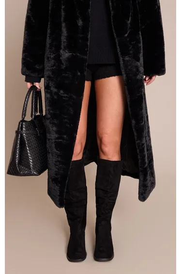 Black Faux Suede Low Heeled Ruched Knee High Boot