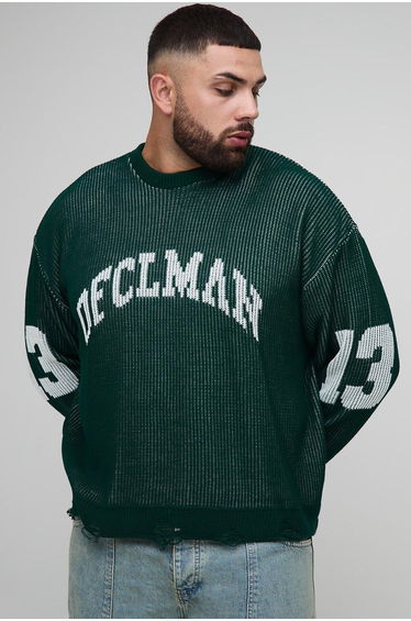 Plus Ribbed Knit Oversized Distressed Varsity Jumper - forest