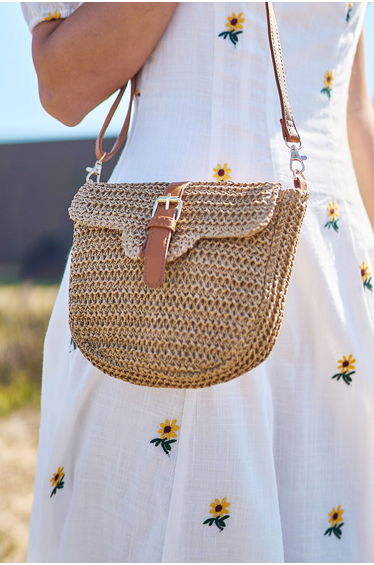Yumi Brown Woven Rattan Handbag With Buckle