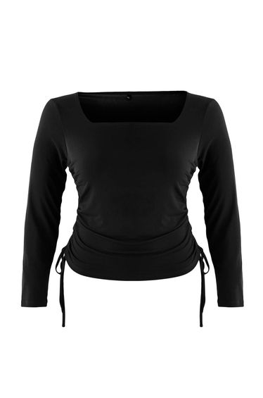 Black Square Neck Side Gathered Knitted Plus Size Blouse