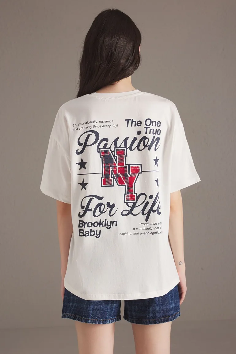 Ecru 100% Cotton Plaid Slogan Printed Oversize/Wide Cut Knitted T-Shirt - 3