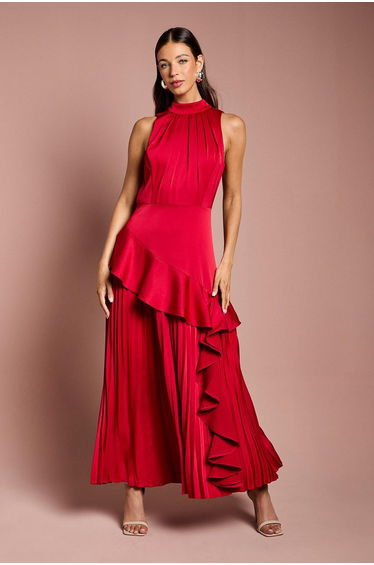 Sleeveless Ruffle Pleat Satin Back Crepe Dress