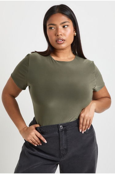 Plus Double Layer Slinky Fitted Bodysuit - khaki