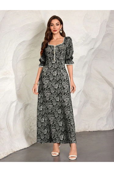 Women Floral Sweetheart Neck Maxi Dress