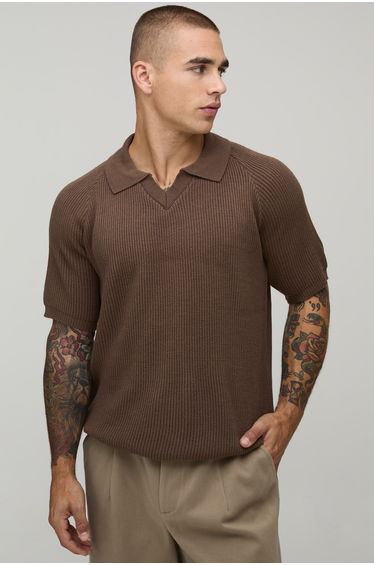 Regular Fit Ribbed Knitted Polo - brown
