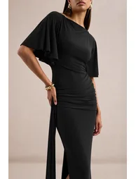 Emerelle | Black Jersey Ruched Boat Neck Short Sleeve Maxi Dress With Sash And Split - 3