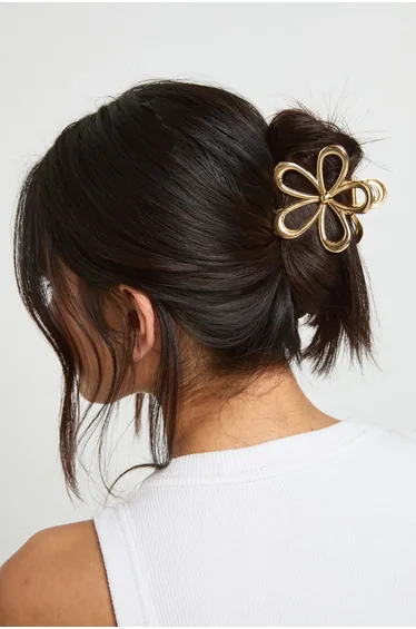 Gold Metal Flower Cut Out Detail Claw Clip - gold