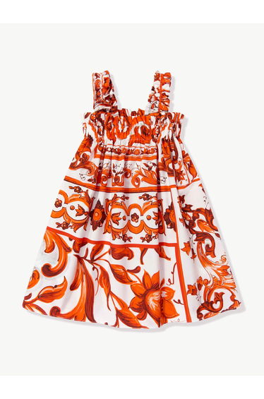 Dolce & Gabbana Girls Majolica Print Sleeveless Dress in Orange