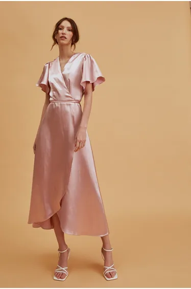 Serena Dusty-Pink Bridesmaid Wrap Midi-Dress