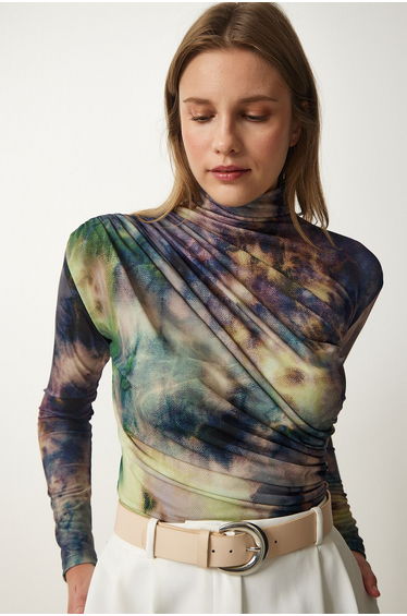 Women's Light Green Draped High Neck Sandy Blouse