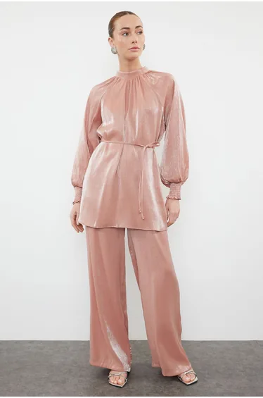 Dusty Rose Satin Woven Top-Bottom Set