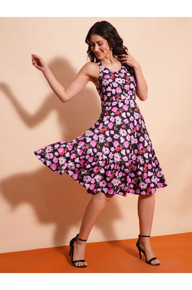 Women Floral Print Halter Neck A-Line Midi Dress